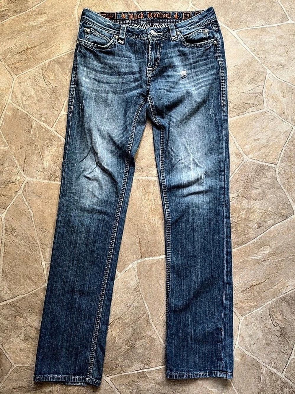 Rock Revival Hazel Straight Jeans Bootcut Distressed Jeans in Blue Waist 29